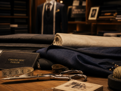 Premium bespoke tailoring fabrics and craftsmanship inside a luxury tailoring studio in Thailand