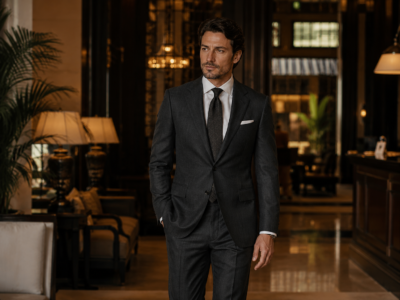 Elegant man wearing a luxury bespoke suit inside a premium hotel in Chiang Mai Thailand