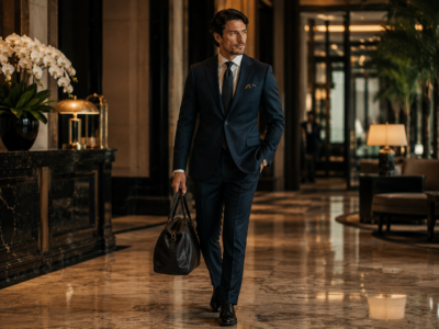 Confident gentleman wearing a luxury bespoke suit in an elegant lifestyle setting
