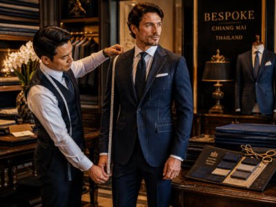 Professional tailor measuring a client in a luxury tailoring studio in Thailand