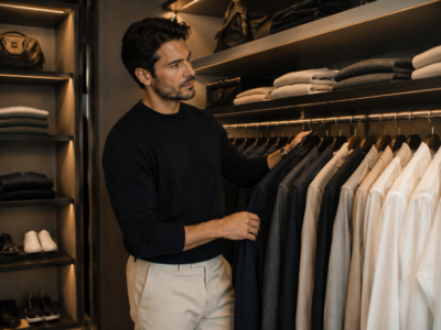 36-year-old Brazilian entrepreneur selecting timeless menswear essentials from a curated wardrobe