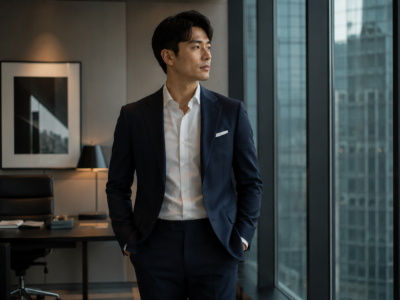 34-year-old South Korean entrepreneur wearing a versatile capsule wardrobe outfit in a modern office environment