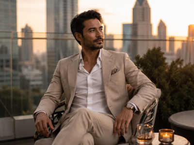 37-year-old Asian executive wearing a beige tailored jacket on a luxury hotel terrace