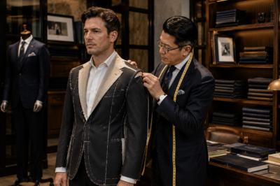 Custom suit fitting session in Chiang Mai showing jacket adjustments and fit refinement by a professional tailor