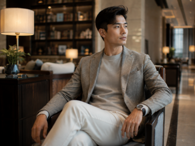 31-year-old Asian creative director wearing modern luxury casual tailoring in a luxury hotel lounge