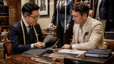 How to Choose the Right Custom Tailor in Chiang Mai illustrated by a professional tailor consulting with a client while reviewing premium suit fabrics in Chiang Mai