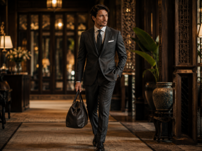 Elegant traveler wearing a bespoke suit while exploring Chiang Mai luxury lifestyle