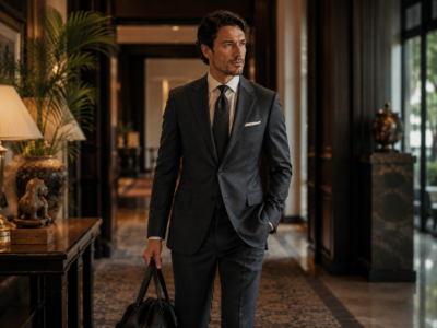 Luxury traveler wearing a bespoke suit in an elegant Thailand setting