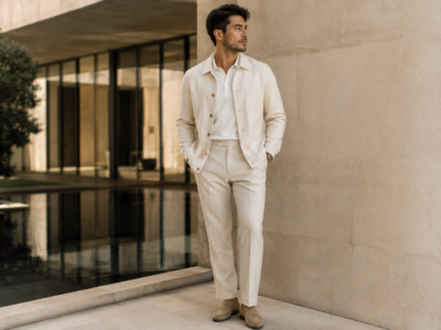 31-year-old Middle Eastern creative director wearing a neutral-toned luxury outfit in front of modern architecture