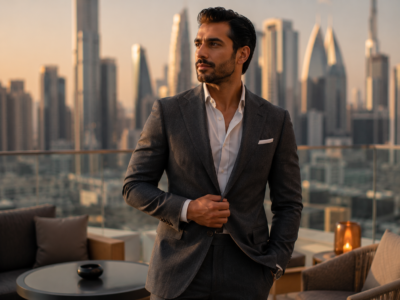 33-year-old Middle Eastern entrepreneur wearing luxury tailored menswear on an executive rooftop terrace
