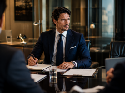 Professional businessman wearing a tailored suit during a business meeting
