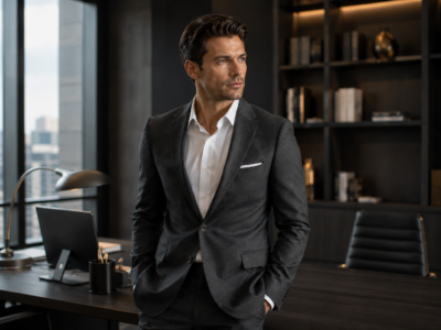 34-year-old European startup founder wearing a perfectly fitted charcoal suit in a modern executive office