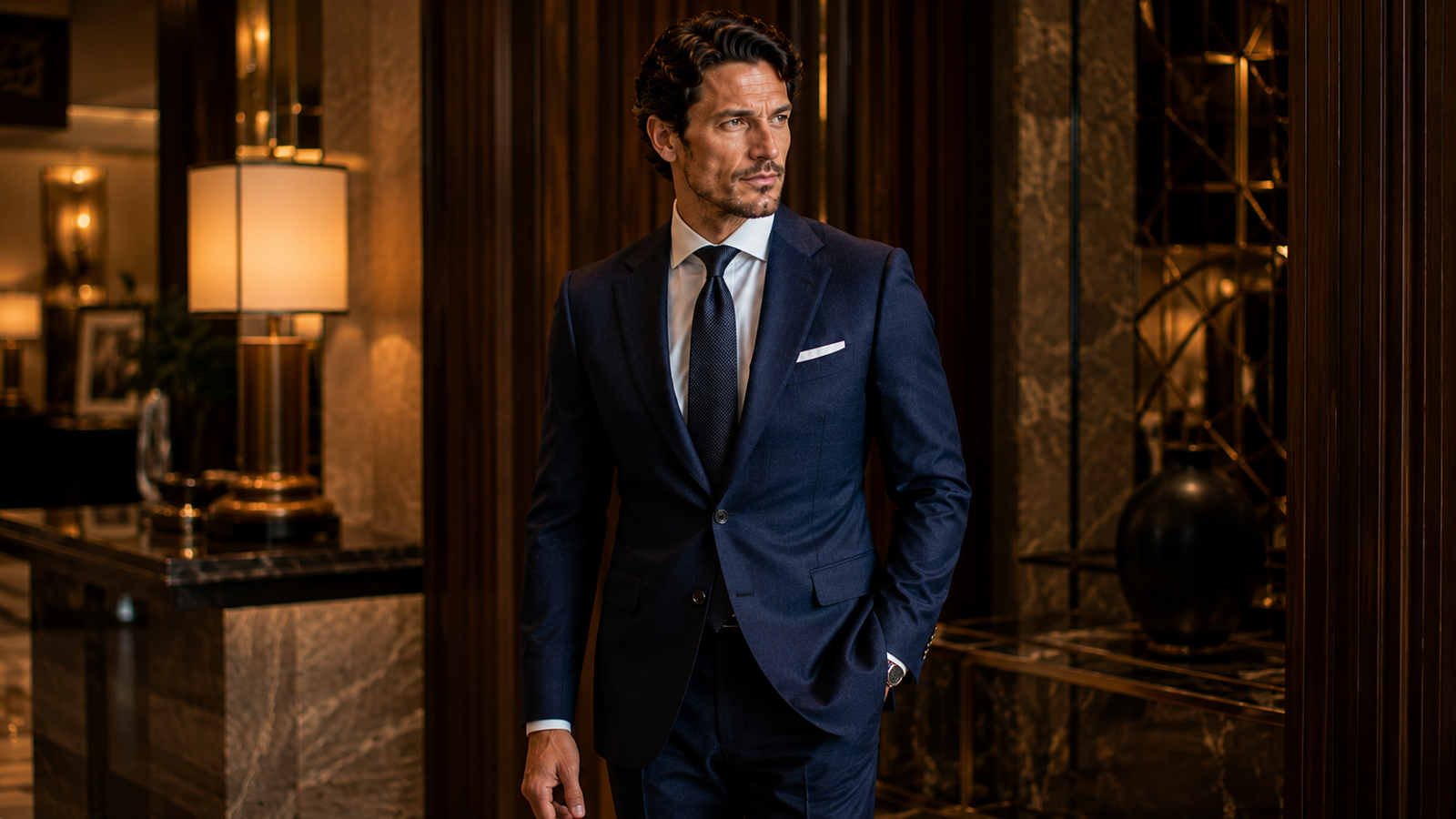 Confident gentleman wearing a perfectly tailored bespoke suit in a luxury setting