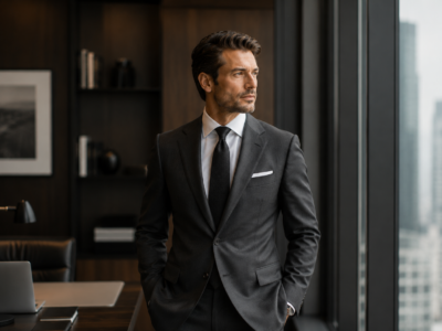 39-year-old British executive wearing a classic charcoal suit in a luxury office setting