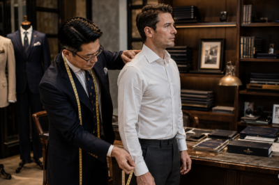 Quality custom tailor in Chiang Mai taking precise body measurements for a bespoke suit