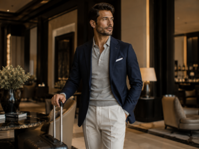 37-year-old European executive traveler wearing soft tailoring in a luxury hotel environment