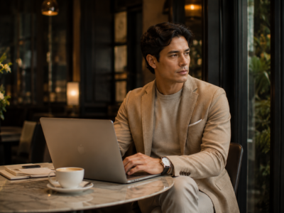 32-year-old Latin American entrepreneur wearing a soft-tailored beige jacket in a luxury cafΓ© workspace