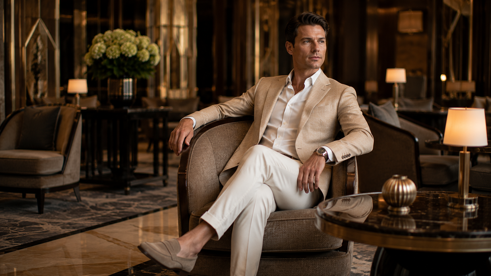 31-year-old European creative director wearing understated luxury menswear in a luxury hotel lounge