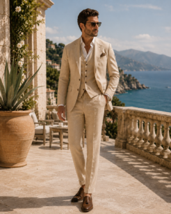 Man wearing Riviera Sand Linen Suit crafted from premium linen fabric by Tomford Tailor Chiang Mai