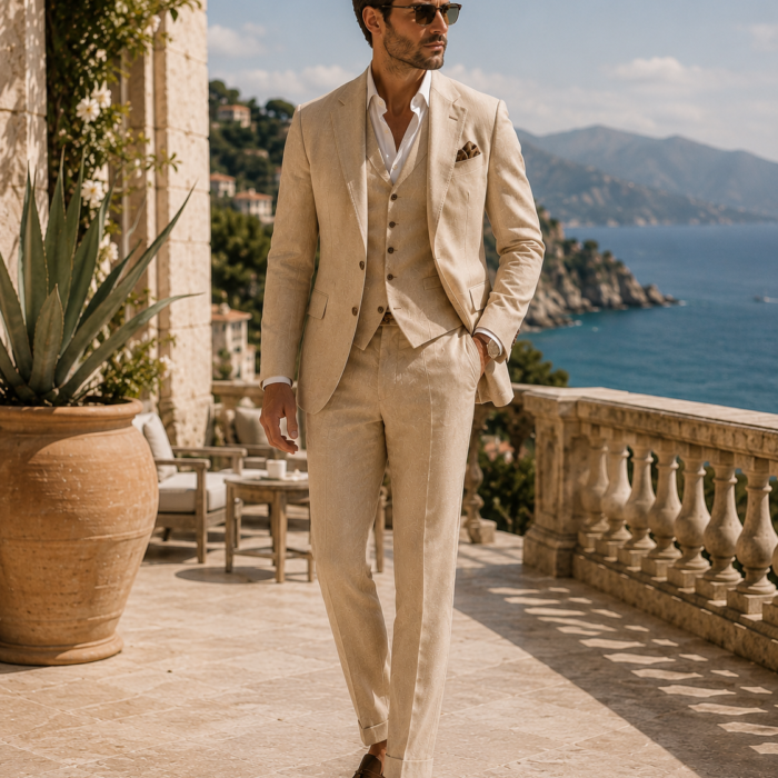 Riviera Sand Linen Suit by Tomford Tailor Man wearing Riviera Sand Linen Suit crafted from premium linen fabric by Tomford Tailor Chiang Mai
