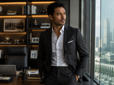 38-year-old Indian business leader wearing a consistent signature style in an executive office