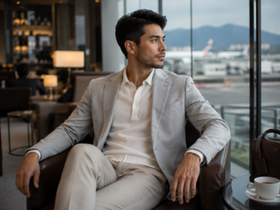 30-year-old Asian luxury traveler wearing a light grey soft-tailored blazer in an airport lounge