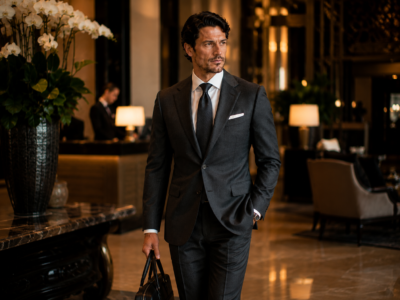 Elegant gentleman wearing a bespoke suit showing confidence and refined style