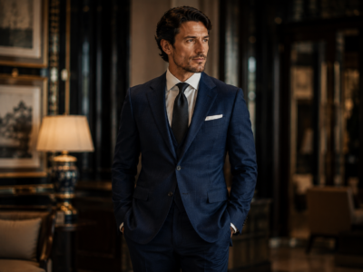 Man wearing a perfectly fitted bespoke suit with balanced body proportions