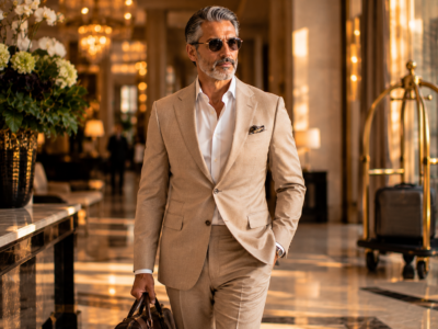56-year-old luxury traveler wearing a tailored suit in an elegant hotel setting