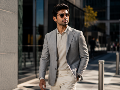 35-year-old Indian startup founder wearing refined quiet luxury menswear in a modern city environment