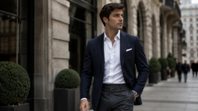 Why Every Man Needs a Signature Style illustrated by a 33-year-old Italian entrepreneur wearing a signature navy blazer in a luxury city setting