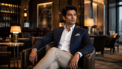 30-year-old Indian entrepreneur wearing a perfectly fitted navy blazer in a luxury business lounge