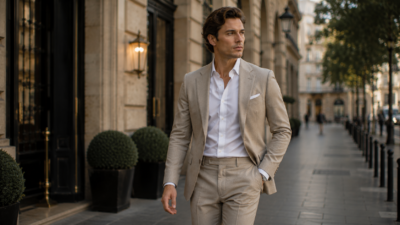Why Luxury Fashion Is Becoming Simpler illustrated by a 34-year-old French entrepreneur wearing a minimalist luxury wardrobe in a luxury city setting