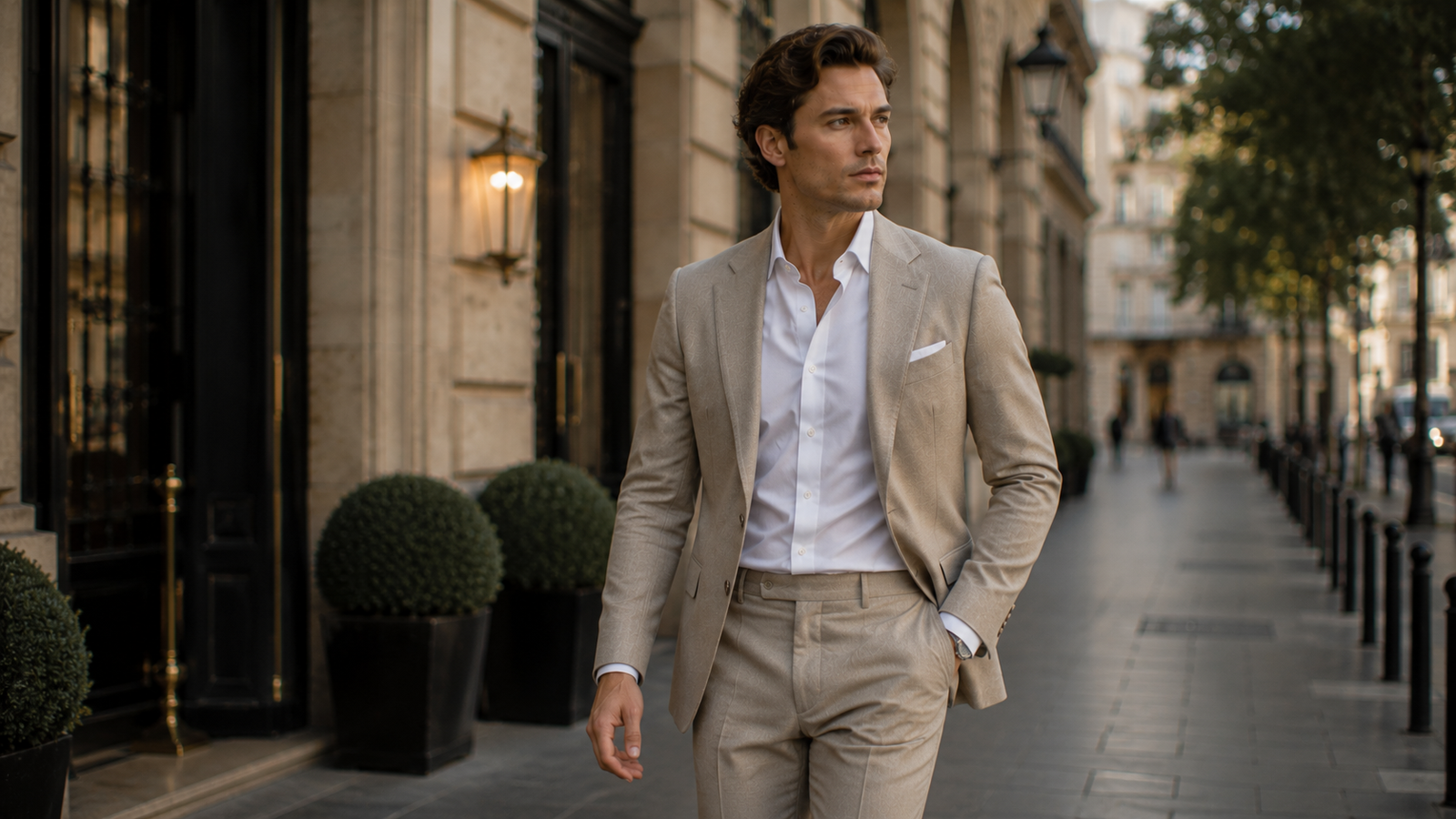 Why Luxury Fashion Is Becoming Simpler illustrated by a 34-year-old French entrepreneur wearing a minimalist luxury wardrobe in a luxury city setting