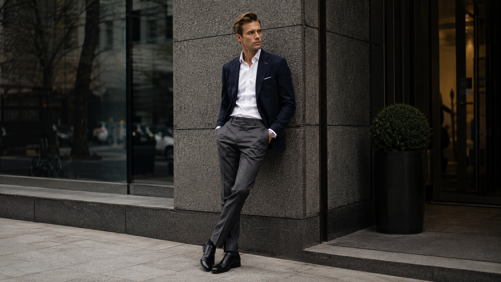 Why Modern Men Are Building Capsule Wardrobes illustrated by a 33-year-old Scandinavian entrepreneur wearing timeless menswear essentials in a modern city environment