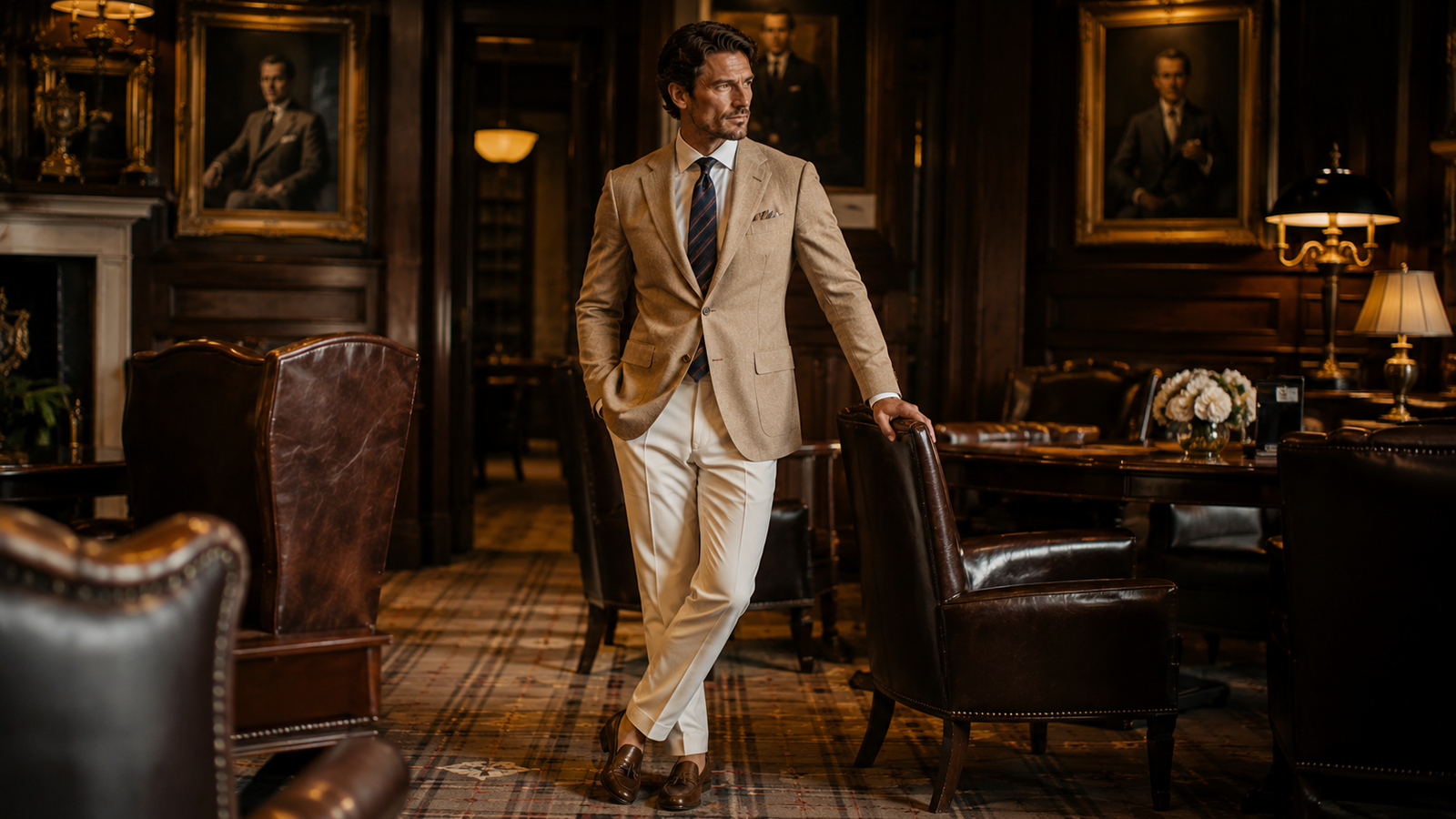 Elegant gentleman wearing timeless old money fashion in a luxury setting