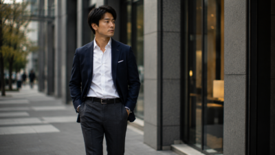 Why Quality Clothing Is an Investment, Not an Expense illustrated by a 35-year-old Japanese entrepreneur wearing a premium navy blazer in a modern business district