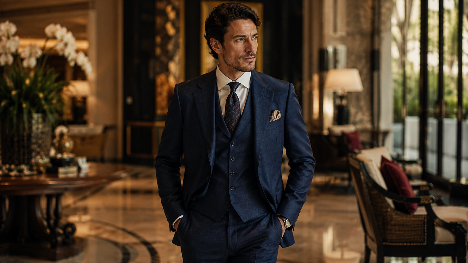 Elegant man wearing a perfectly tailored bespoke suit in a luxury setting