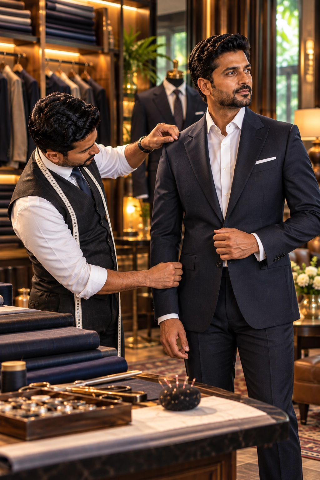 Tailor carefully adjusting the fit of a customer's suit jacket