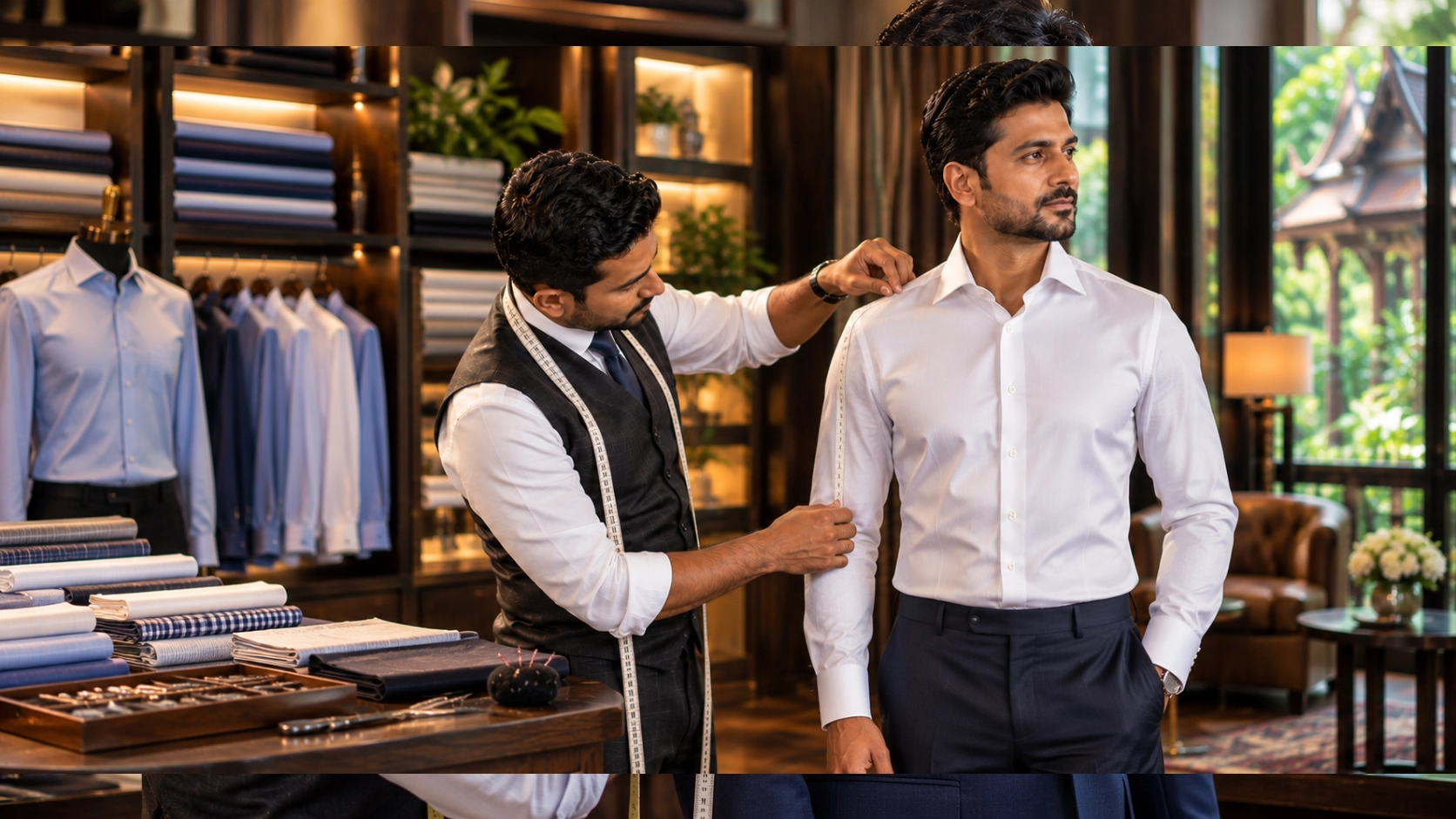Custom shirt tailoring with careful collar and cuff details