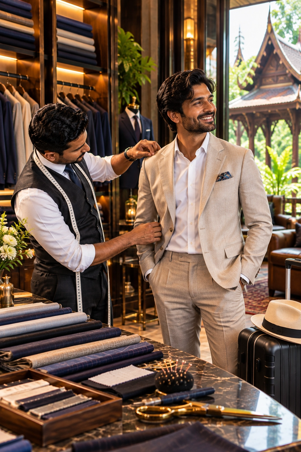 Visitor exploring custom tailoring options during a Chiang Mai trip