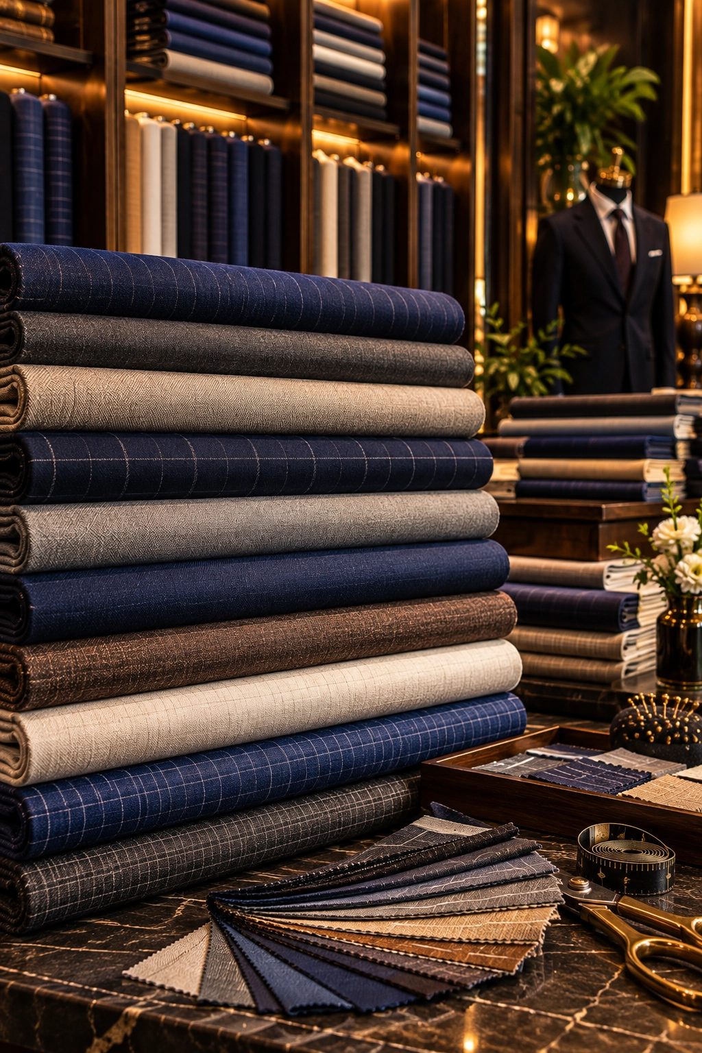 Premium suiting fabric swatches for custom tailoring in Chiang Mai
